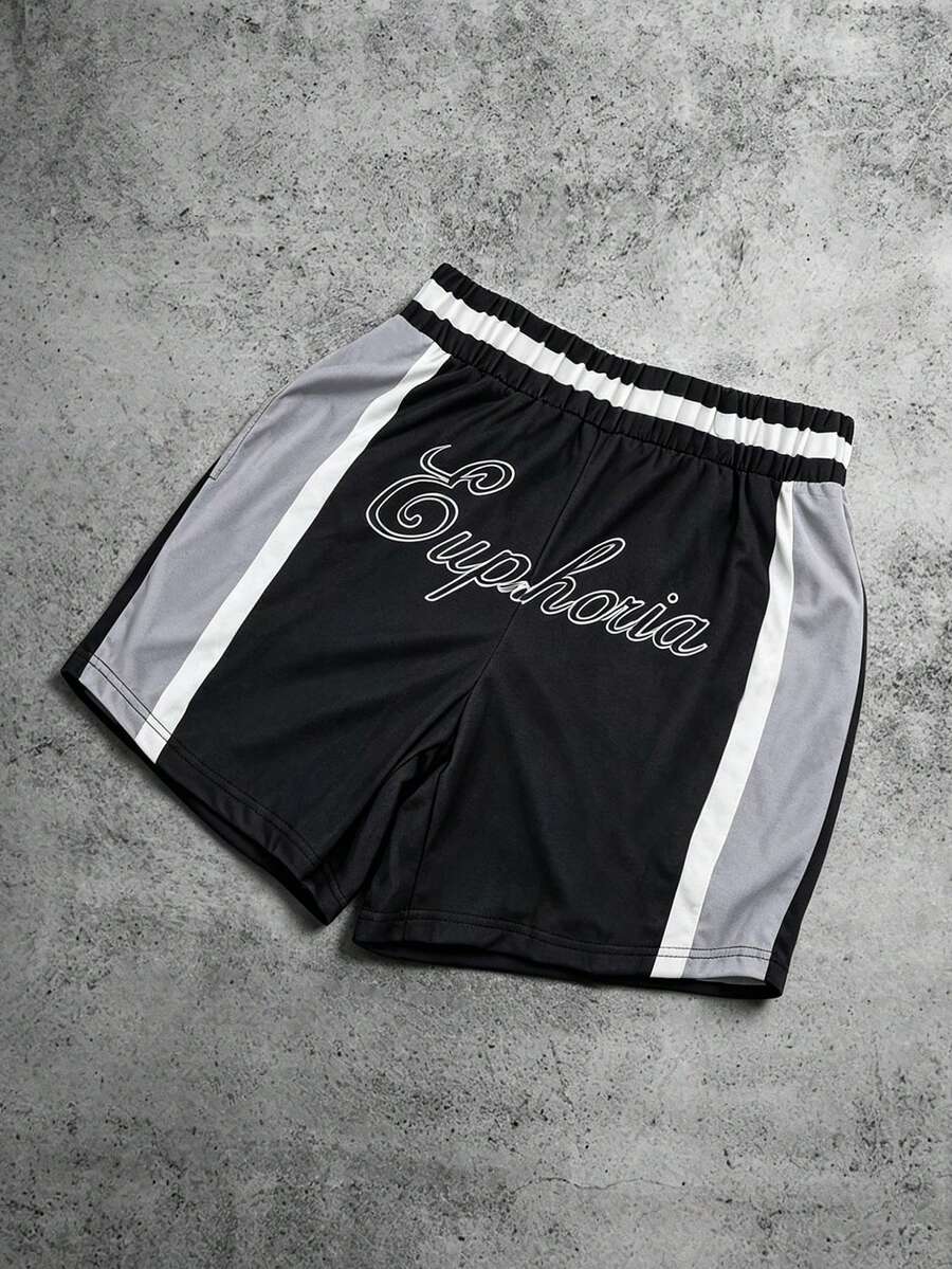 Manfinity EMRG Men's Colorblock Elastic Waist Loose Shorts, Suitable For Sports And Daily Wear, Holiday - Black - View 1