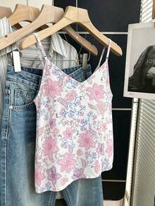 Linhara Plus Size Women's Sweet Floral V-Neck Sleeveless Camisole, Vacation Style - Multicolor - View 2