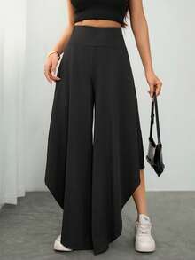 SHEIN PETITE Women's Asymmetrical Loose Long Pants, Suitable For Spring/Summer, Graduation And Fall - Black - View 6