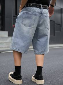 Manfinity EMRG Men's Casual Street Style Distressed Blue Denim Shorts - Light Wash - View 7