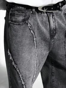 IRON GLYPH Men's Street Fashion Distressed Patchwork Vintage Washed Wide Leg Pants - Light Grey - View 5