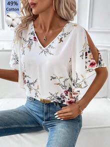 SHEIN Clasi 女款花卉印花開衩袖時尚襯衫，適合度假 - 彩色 - 查看 6