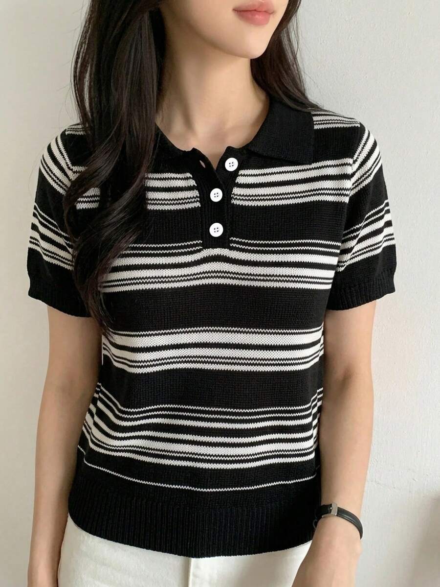 DAZY 女款商務休閒 Polo 領短袖針織上衣 夏季 - 黑色 - 查看 1