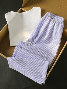 Sparklyn 一件式短袖休閒偏印春夏青少年女款通勤套裝，運動休閒直筒褲，短袖輕盈舒適兩件套 - 彩色 - 查看 2