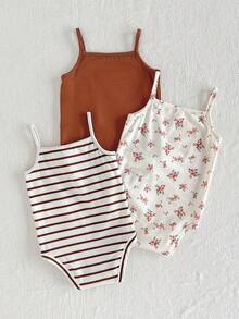 Cozy Pixies 3pcs/Set Babygirl Casual Minimalist Knit Floral & Striped Sling Bodysuit - Multicolor - View 5