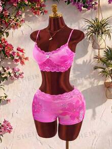 Amplova Summer Floral Print Lace Contrast Color Women's Set Home Pink Floral Sexy - Pink - View 9