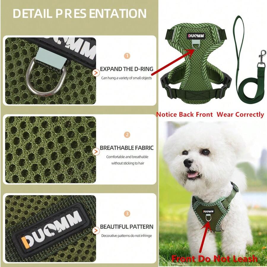 PETSIN Reflective Harness And Leash Set For Dogs & Cats, Escape-Proof Adjustable Walking Leash For Small Dogs. Lightweight, Breathable And Soft Mesh Design, Perfect For Outdoor Walking Of Cats And Small Breed Pets. - Army Green - View 1