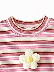 SHEIN 2件組少女針織條紋3D花朵裝飾立領T恤與內搭褲套裝 - 粉色 - 查看 5