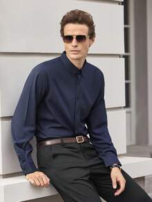 Officeau Men's Solid Collar Long Sleeve Polyester Shirt, Button Front, Spring/Fall, Button Down Shirt, Comfortable, Casual, Layering, Daily Wear, Gift For Father/ Husband - Navy Blue - View 7