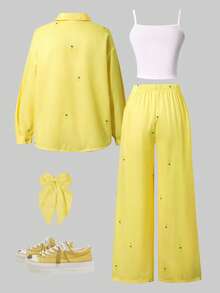 Tween Girls' Three Pieces Set, Street Cool Striped Long Sleeve Shirt, Pants, And Cami Top, Ideal For Spring And Fall - Yellow - View 2