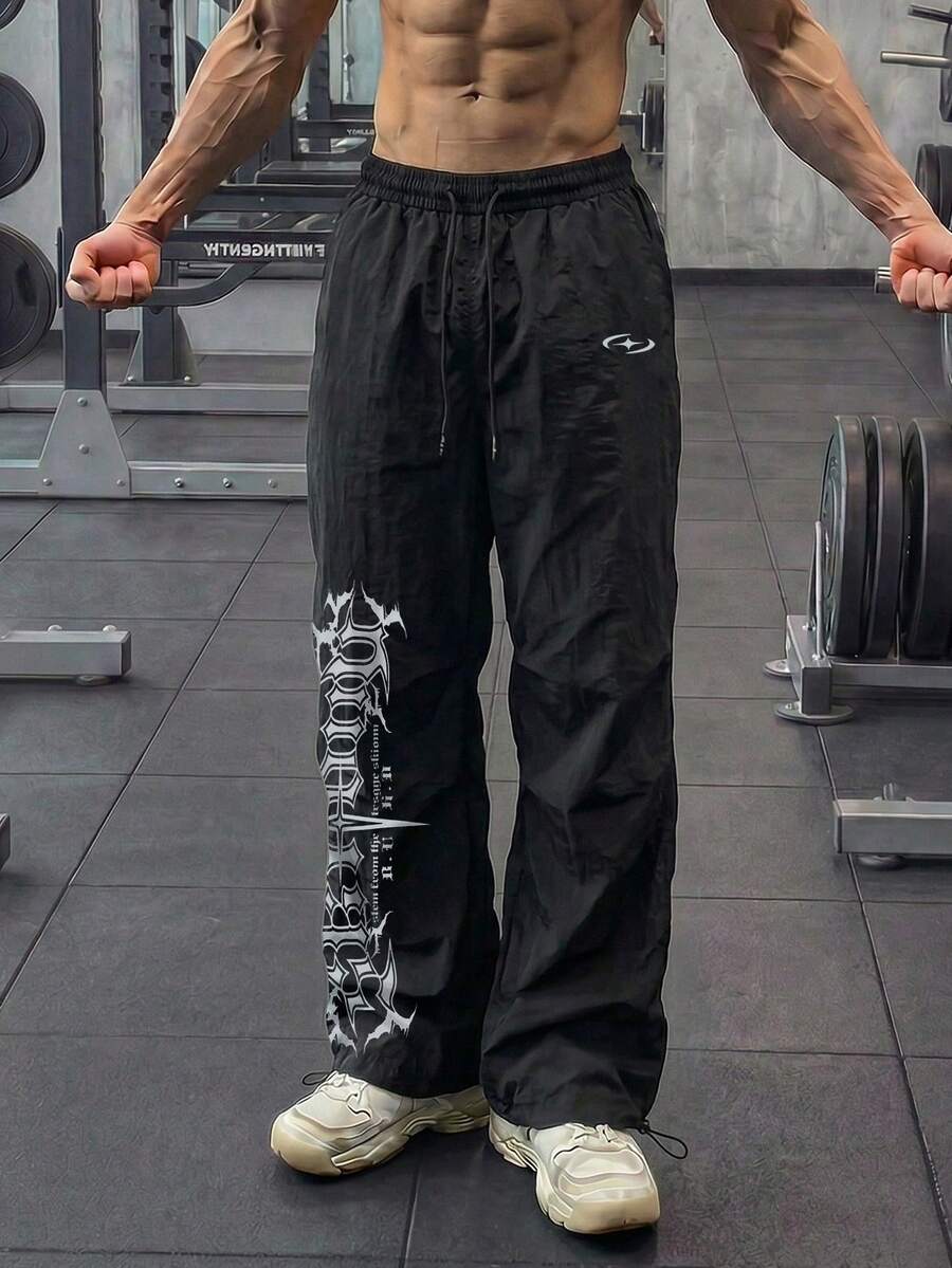 GymBeat Men's Letter Print Sports Long Pants, Gym - Black - View 1