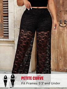 SHEIN PETITE CURVE Plus Size Women's Elegant Lace Sheer Palazzo Pants, Suitable For Party - Black - View 1