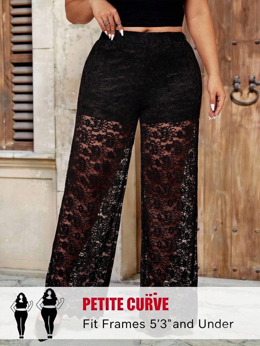 SHEIN PETITE CURVE Plus Size Women's Elegant Lace Sheer Palazzo Pants, Suitable For Party - Black - View 1