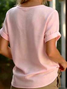EMERY ROSE Women's Cotton Embroidered Drop Shoulder Short Sleeve White Blouse - Pink - View 2