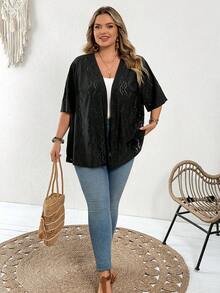 SHEIN CURVE+ Cubre ligero de manga corta y frente abierto de punto jacquard para mujer de talla grande - Negro - Ver 8