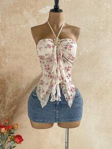 Soleia Women's Vacation Metal Flower Decor Asymmetrical Hem Tie Neck Halter Top, Beach & Summer - Multicolor - View 5