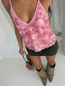 Glamine Women's Fashionable Party Ombre Beaded Camisole Top For Summer - Pink - View 1