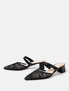 CUCCOO HITCHD Black Lace Pointed Mullers, See-Through Mesh Thick Heel Slippers, Workplace Dating Party Slim Heels - Black - View 9