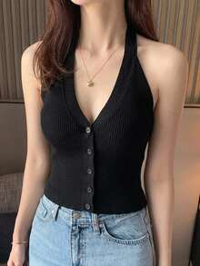 DAZY Áo khoác dệt kim không tay, màu trơn, ôm sát, cổ chữ V sâu, gợi cảm, thích hợp cho kỳ nghỉ, dành cho nữ. - màu đen - Xem 2