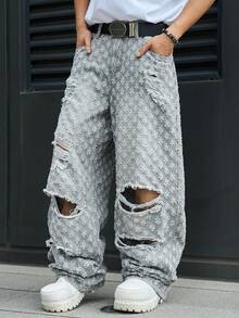 Manfinity EMRG Men's Casual Distressed Crochet Denim Jeans, Retro Gray Streetwear - Grey - View 6