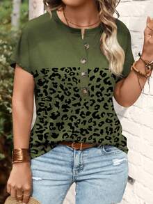 EMERY ROSE Fashion Casual Button-Down Placket Colorblock Military Green Base Black Leopard Print Plus Size T-Shirt - Multicolor - View 4