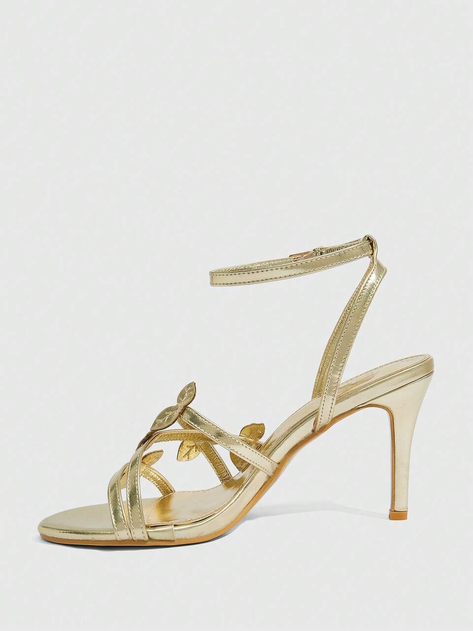 CUCCOO SZL Women's Metallic Leaf Decor Criss-Cross Strap Round Toe Stiletto High Heel Sandals, Luxurious Glossy Gold Finish, Elegant Party/Date/Evening Wear For Summer