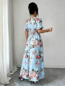 Elenzga 女款夏季優雅花卉印花V領收腰長洋裝 - 藍色 - 查看 2