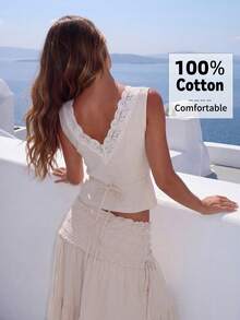 Aloruh Elegant Cream White Color Lace Trim Sleeveless Blouse For Summer Holiday Vacation - Apricot - View 2