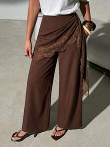 Lavishia Women's Fashion Lace Patchwork Asymmetrical Tie-Up Elegant Wide-Leg Pants - Khaki - View 3