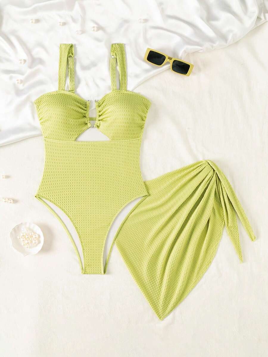 Swim Oasis 女款素色針織紋理連身泳衣,附裙擺與U型金屬裝飾 - 綠色 - 查看 1
