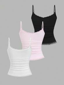 Sweetra Women's Solid Color Contrast Lace Ruffle Camisole - Multicolor - View 2