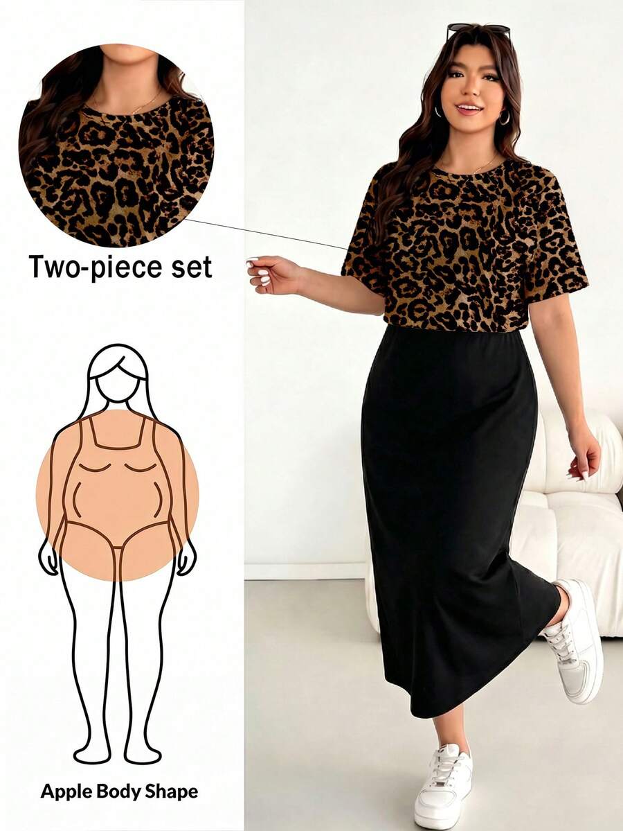 SHEIN Essnce 大尺碼女款豹紋時尚短袖T恤與黑色裙子兩件套 - 彩色 - 查看 1
