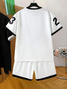 Vacaura 2pcs Men's Teenager Minimalist Set Fashionable English Graphic Crew Neck Pullover T-Shirt With Knitted Shorts, Contrast Color Design Of Top And Pants Is Excellent, Comfortable Fabric, Suitable For Multiple Occasions And Seasons - White - View 2