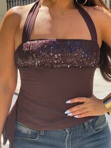 NegzBox Vintage Y2K Sequin Patchwork Slim Fit Racerback Tank Top For Women Casual Summer - Coffee Brown - View 6