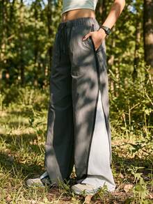 In My Nature Women's Contrast Color Drawstring Waist Pocket Wide Leg Hiking Pants - Grey - View 1