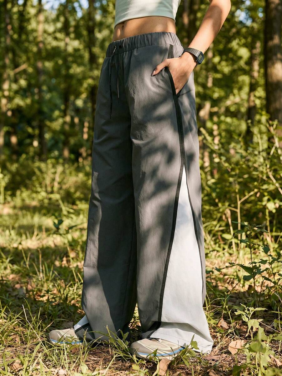 In My Nature Women's Contrast Color Drawstring Waist Pocket Wide Leg Hiking Pants - Grey - View 1