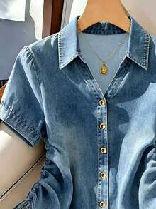 Franclia Camisa casual de uso diario para mujer con efecto lavado, cordón lateral, botones delanteros y manga corta - Multicolor - Ver 3