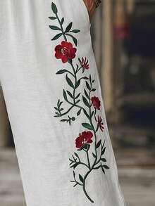 Balvessa 夏季新品重工刺繡亞麻百搭寬腿直筒九分長褲 - 白色 - 查看 5