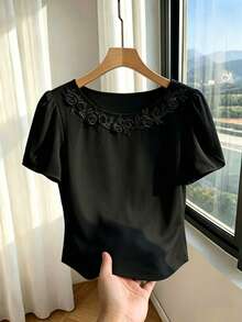 GlowEve CURVE Plus Size Women Casual Floral Embroidery Round Neck Ruffle Sleeve T-Shirt, Summer - Black - View 1