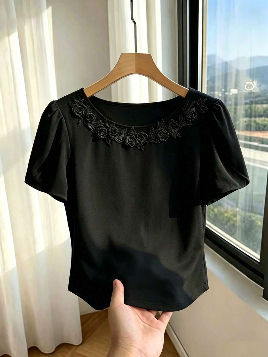 GlowEve CURVE Plus Size Women Casual Floral Embroidery Round Neck Ruffle Sleeve T-Shirt, Summer - Black - View 1
