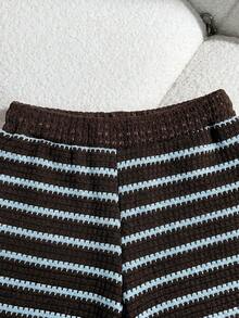 Tween Girls 2pcs Horizontal Striped Knit Outfit Polo Neck Short Sleeve T-Shirt And Wide Leg Pants Set Brown Blue Loose Trousers Casual Tracksuit - Brown - View 7