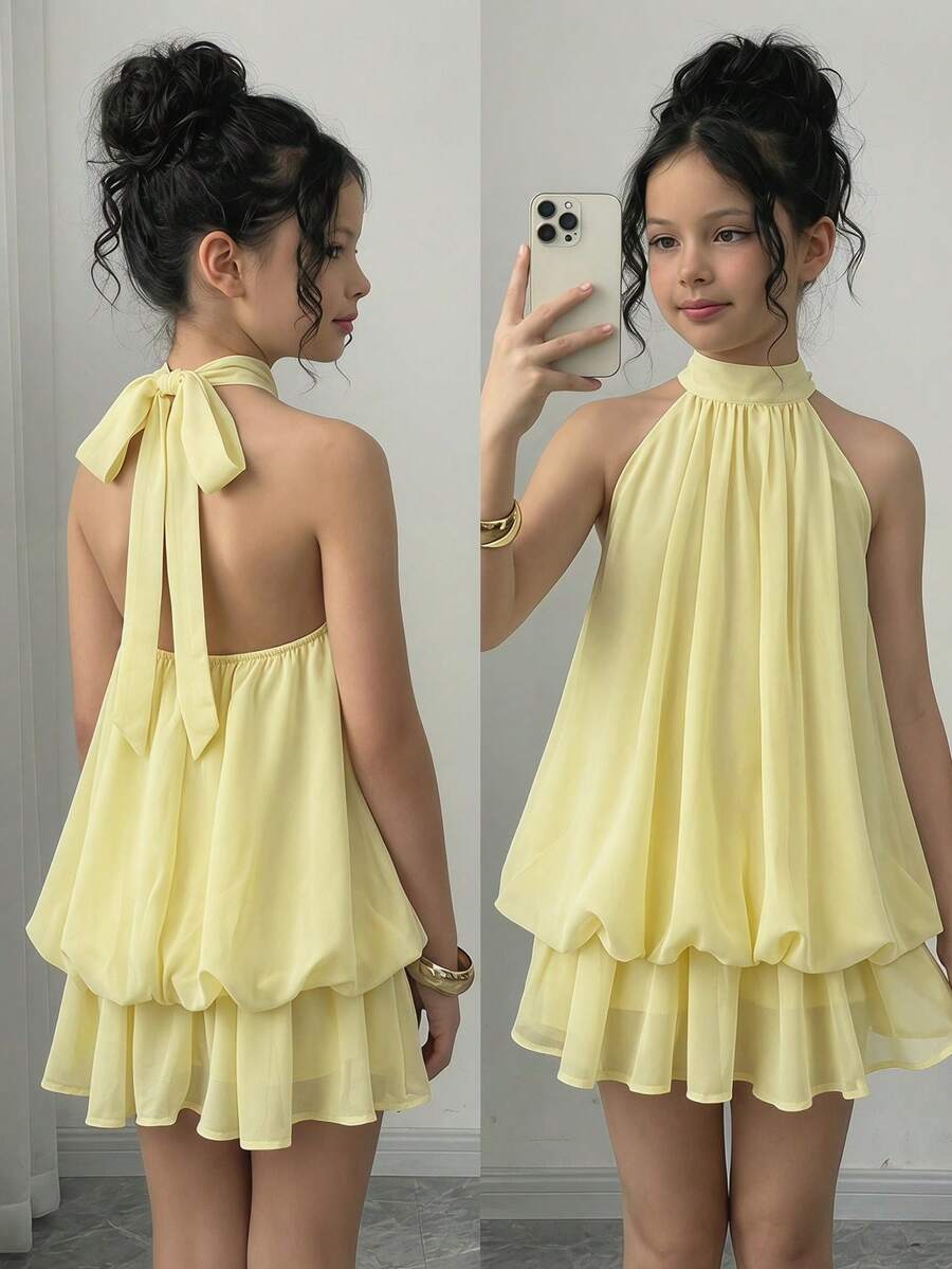 Firerie Kids Firerie Kids Tween Girl Solid Color Pleated Halter Neck Fashion Vacation Travel Dress - Yellow - View 1