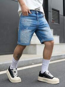 Manfinity Homme Pantalones cortos de mezclilla con bolsillo, botones y estampado pintado, versátiles y de moda para hombres, para vacaciones - Azul - Ver 3