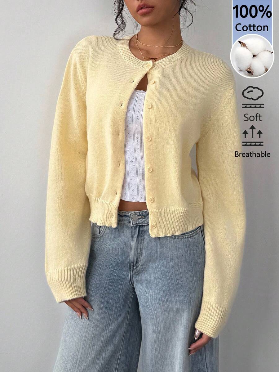SHEIN BASICS Women's Solid Color Single-Breasted Casual Versatile Daily Outing Long Sleeve Cardigan