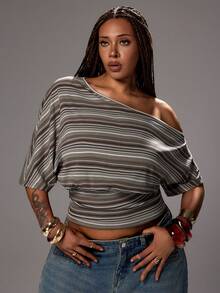 Rustia Plus Size Summer Fashionable Versatile Sexy Asymmetrical Shoulder Women's Striped Waist Casual Short Sleeve T-Shirt - Brown - View 3