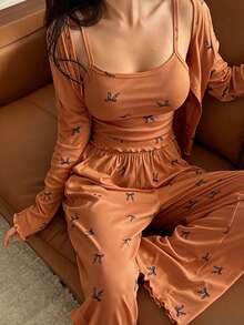 DAZY 3pcs Bow Print Allover Allover Print Camisole And Pants Women Pajama Set - Orange - View 4