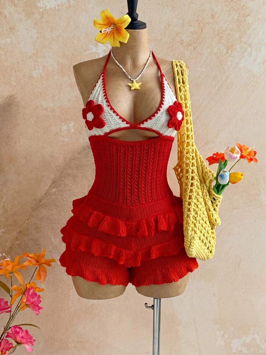 Soleia Bộ jumpsuit nữ kiểu dáng thường ngày, màu cam rực rỡ, họa tiết hoa, viền bèo nhún, thích hợp cho đi biển, du thuyền, nghỉ mát thành phố, kỳ nghỉ, lễ hội âm nhạc, phong cách bohemian, mùa hè, đi làm hàng ngày, mọi mùa. - Đỏ - Xem 1