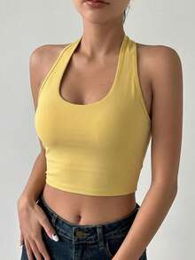 DAZY Solid Color Padded Lightly Lifting Racerback Sports Bra For Women - Yellow - View 4
