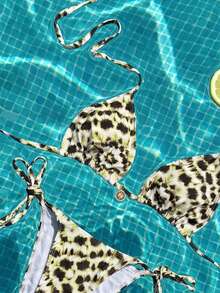 Swim Vcay Frühling/Sommer 2-teiliges Damen Strandbekleidungsset, modisches süßes sexy Urlaubs-Seaside-Schwimmbad-Party-Set mit zufälligem mehrfarbigem Leopardenmuster, Sonnenaccessoire, Neckholder-Top mit offenem Rücken und Bindung, Dreiecks-Top und Bikini-Unterteil mit seitlicher Bindung - Verschiedenfarbig - Übersicht 5