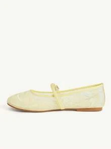 CUCCOO CHICEST 女款黃色PU網布縫線刺繡時尚度假沙灘優雅平底鞋 - 黃色PU網紗 - 查看 6
